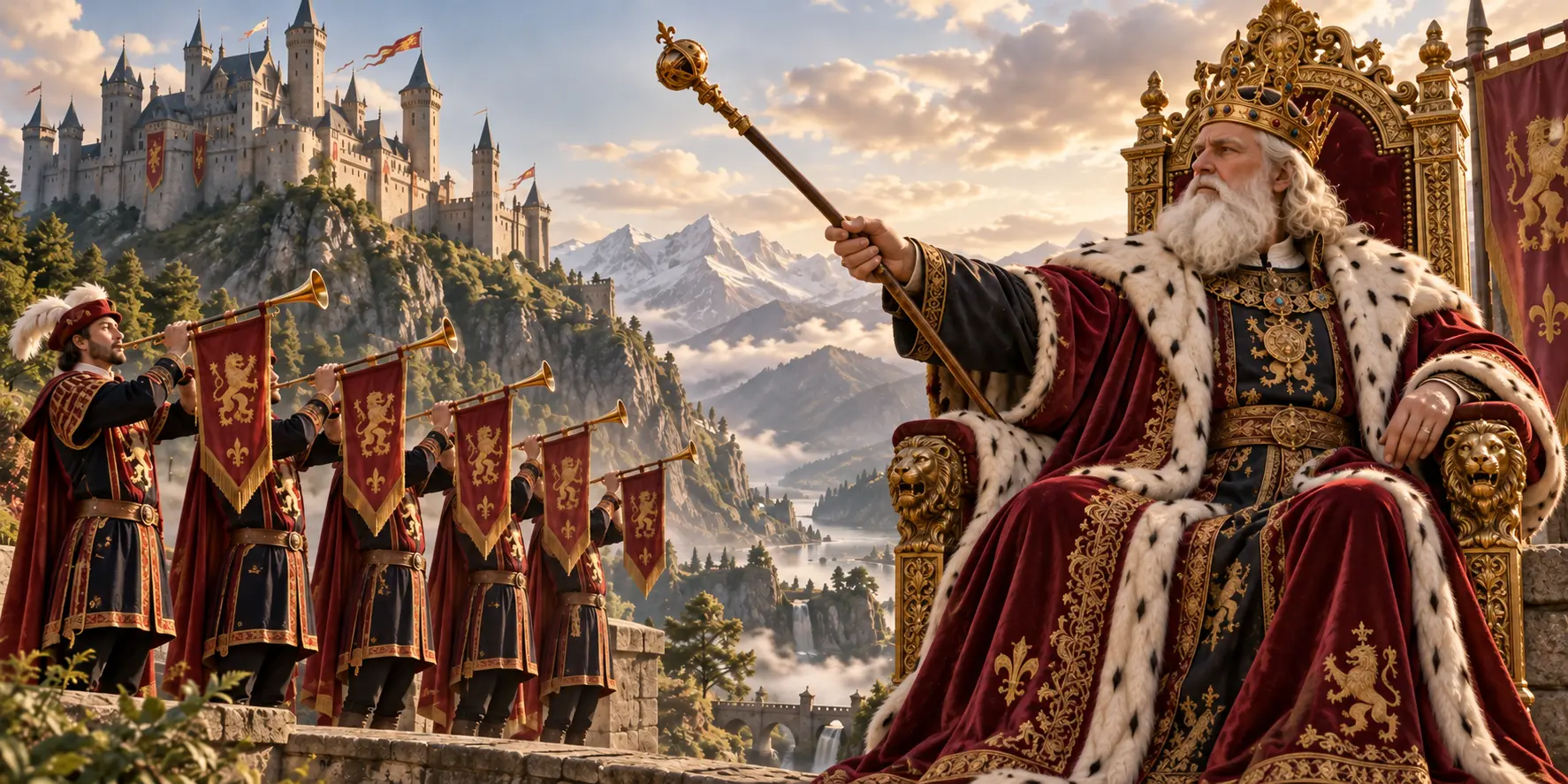 König auf goldenem Thron mit Trompetern und Schloss im Hintergrund